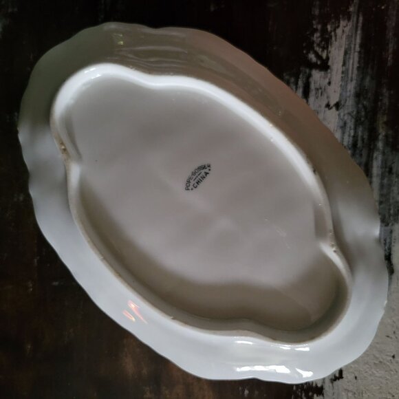 Pope Gosser Gravy Boat w/ Attached Underplate Gold Trim Pink Flower Green Swag - Picture 11 of 12